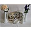 Image 1 : Grannycore Lot With Milk Glass Vases, Swan, Buttons, and Floral Tin