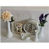 Image 7 : Grannycore Lot With Milk Glass Vases, Swan, Buttons, and Floral Tin