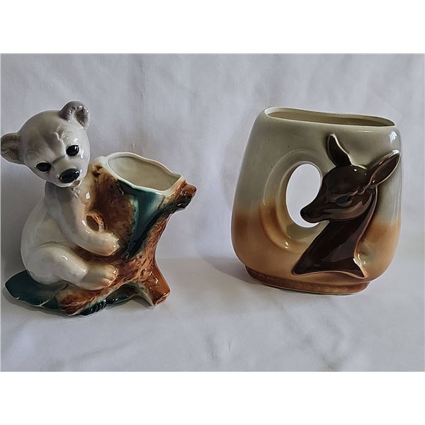 1950s Ceramic Animal Planters Bear and Deer Motifs