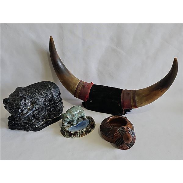 Lot: Bear Sculptures, Bull Horns Mount, Wooden Dish