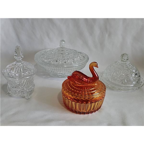 4 Pressed Glass Covered Dishes Flashed Glass Swan Powder Box Jeanette Glass Co