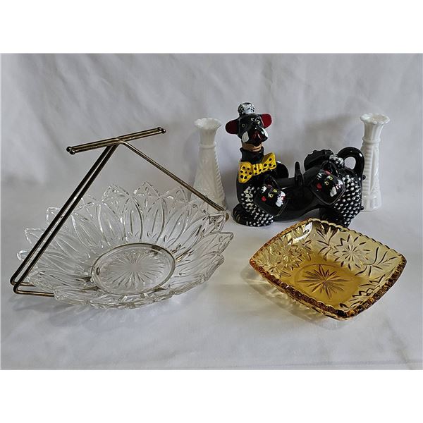 Lot: Vintage Pressed Glass Bowls, Poodle Decanter Set, and Milk Glass Vases