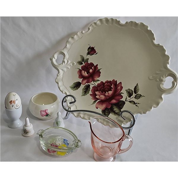 Lot: Porcelain Tray, Pink Glass Creamer, Decoratives Blown Glass Floral Ashtray