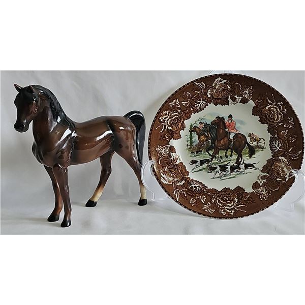 HORSE LOVERS!!!! Wood & Sons Alpine White Ironstone Plate and Ceramic Horse Figurine