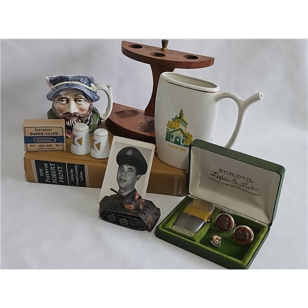 GRANDPACORE Lot: Scripto Lighter Set, Pottery Jug, Metal Tank, Collectibles