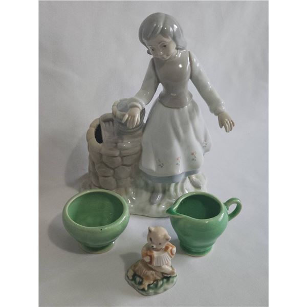 Porcelain Girl at Well Bank, 1940s Child's Green Creamer and Sugar Bowl, Bear Figurine