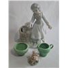 Image 1 : Porcelain Girl at Well Bank,  1940s Child's Green Creamer and Sugar Bowl, Bear Figurine