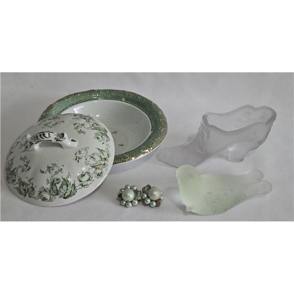 Antique green porcelain soap dish and more