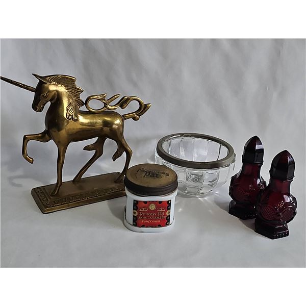 Brass Unicorn Figurine, Princess Pat Jar, Ruby Glass Shakers, Glass Bowl