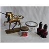 Image 1 : Brass Unicorn Figurine, Princess Pat Jar, Ruby Glass Shakers, Glass Bowl
