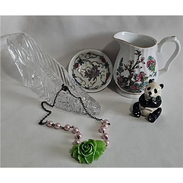 Decorative Lot: Glass Slipper, Floral Porcelain, Panda Box, Necklace