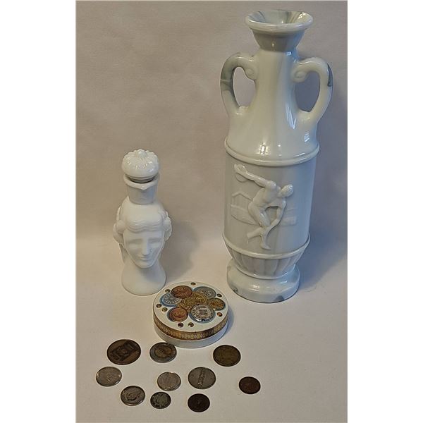 Lot: Slag Milk Glass Decanter and Milk Glass Avon bottle Tin Box With Coins
