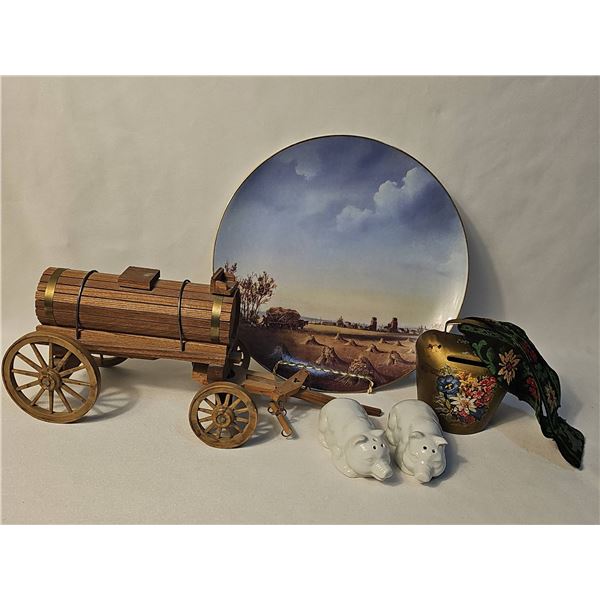 Days Gon By Collector’s Lot With “Stooking Era” Plate, Pig Shakers, & Wooden Wagon