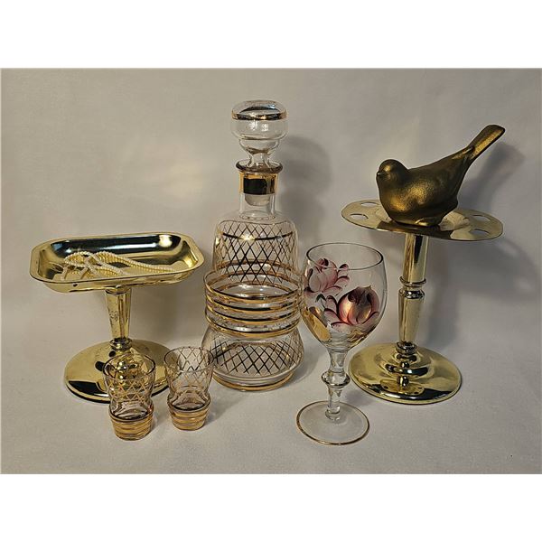 Glassware Set with Gold Accents, Brass Stand, Gold Bird, and Necklace