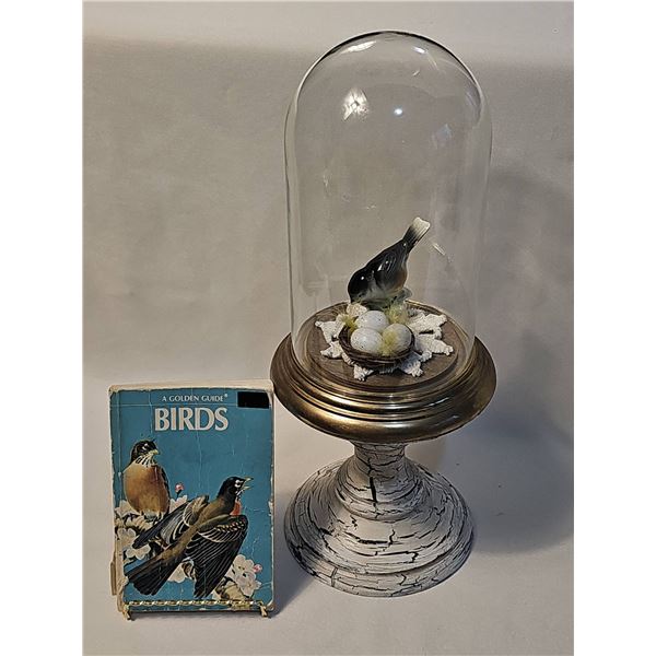 Bird Display Dome with Ceramic Chickadee and Golden Guide Book