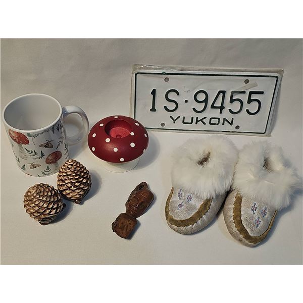 Lot: Yukon License Plate, Mug, Baby Moccasins, Decor Items