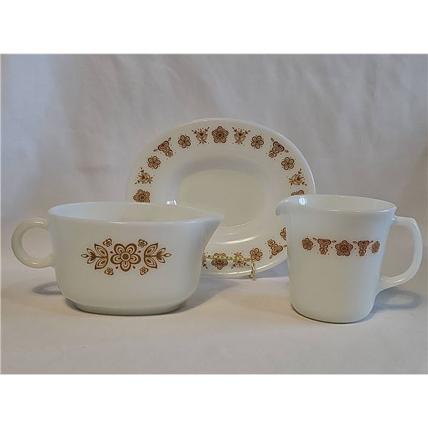 Pyrex Corning USA Butterfly Gold Gravy Boat, Underplate, and Creamer