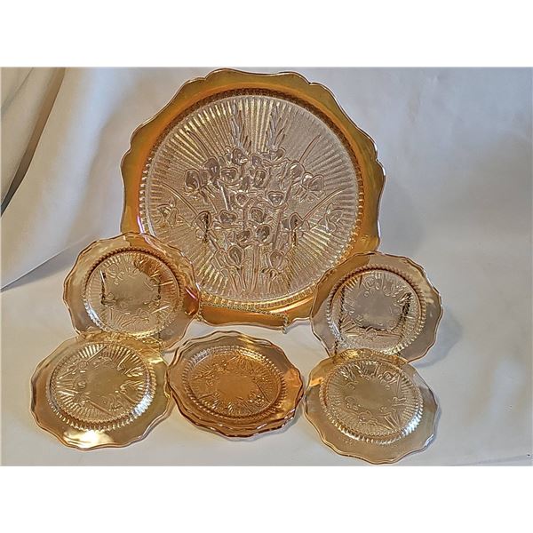 Antique Carnival Glass Iris and Herringbone Pattern Cake Plates Set ( Pieces)