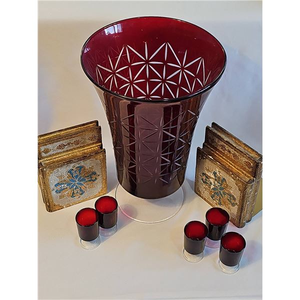Cut-to-Clear Ruby Red Crystal Vase, 6 Stem Glasses, 4 Dabbani Bookends