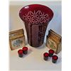 Image 1 : Cut-to-Clear Ruby Red Crystal Vase, 6 Stem Glasses, 4 Dabbani Bookends
