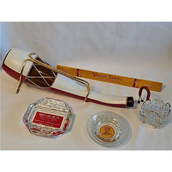 Man Cave Accessory Lot with Ashtrays, Holder, Vogue Strips Vintage Italian Leather Wine Decanter