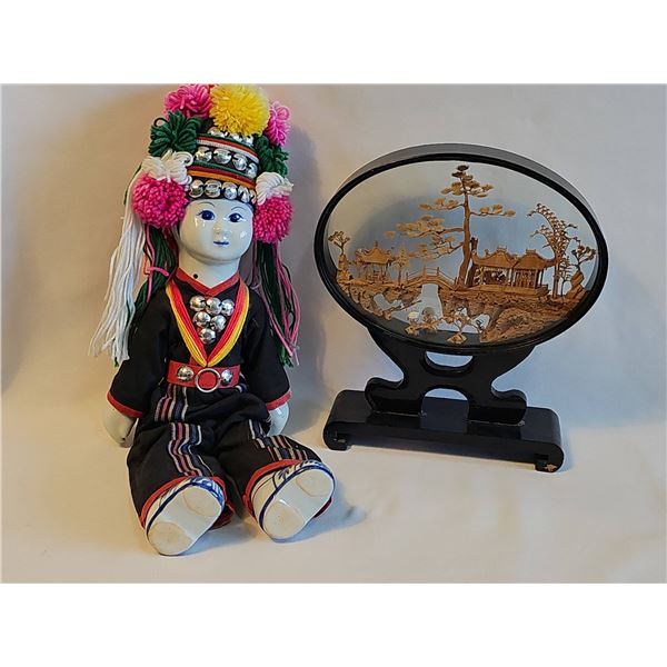 Asian Ethnic Costume Doll and Framed Chinese Tabletop Diorama