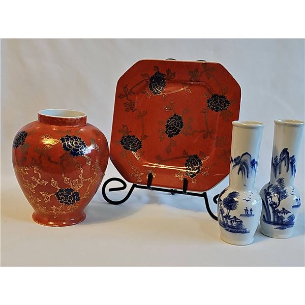 Hong Kong YT Cloisonne Decorated Ceramic Vase, Plate, and Two Blue White Vases
