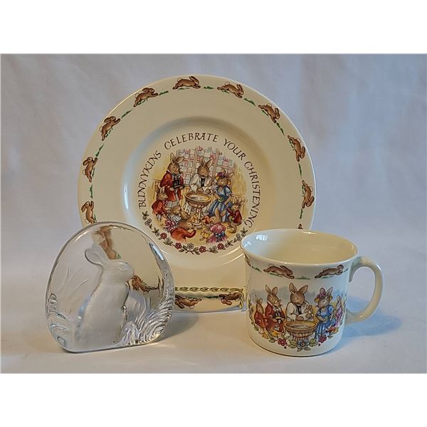 Royal Doulton Bunnykins Christening Plate and Mug With Zajecar Crystal Bunny