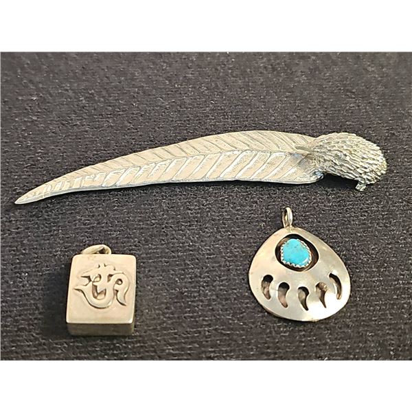 Sterling Silver Jewellery Lot: Bear Paw Pendant, Religious Box Locket, Pewter Letter Opener