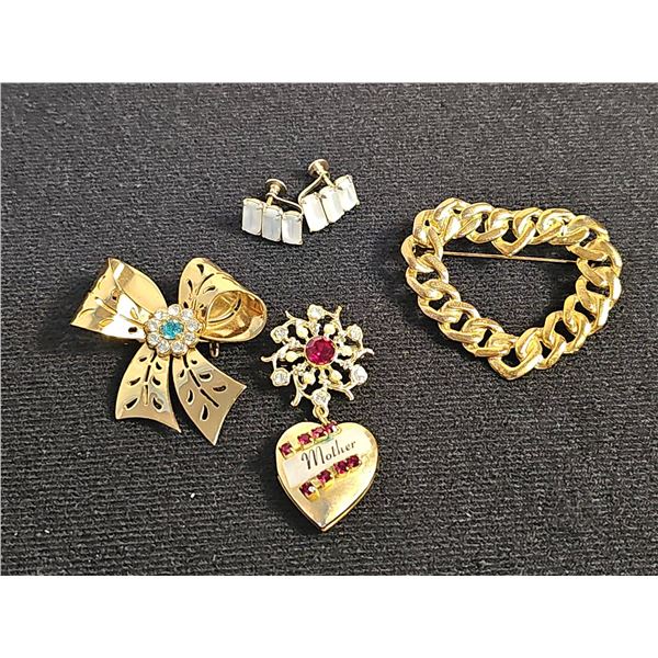 Vintage Gold Tone Costume Brooches and Moon Stone Earrings Assortment with Locket