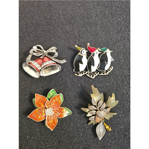 Four Holiday and Nature Themed Brooch Pins