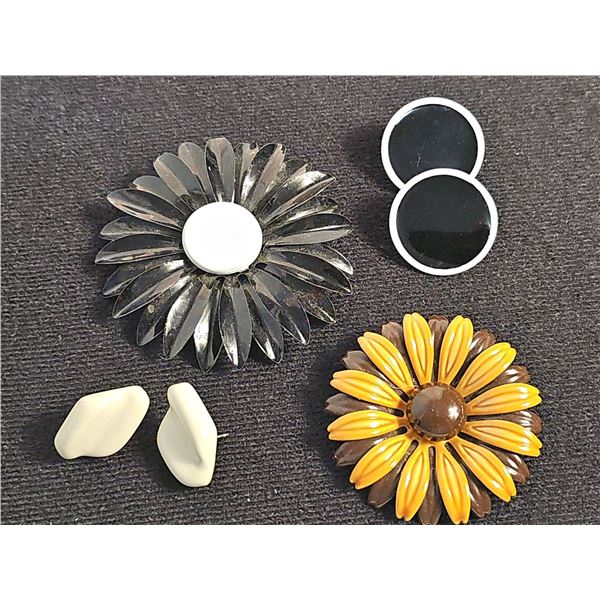 1960s and '70s metal floral brooches with two sets of vintage earrings