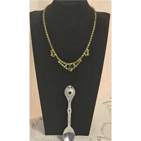 Vintage Glass Rhinestone Necklace with Green Stones and Collectible Spoon