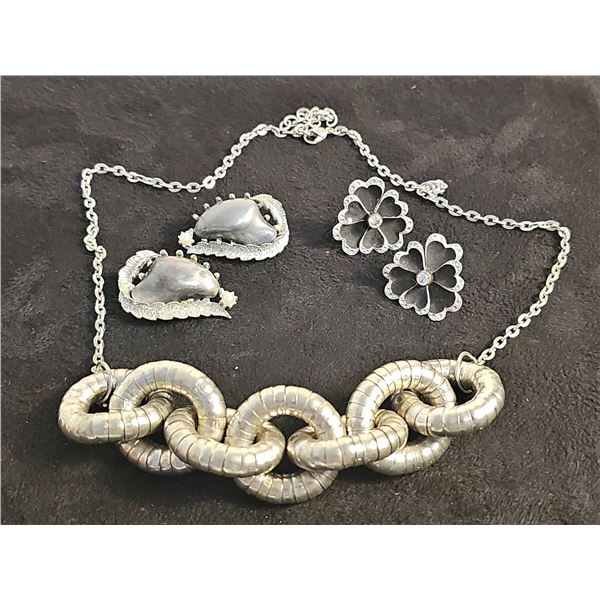 Vintage Coro and West German Silver Earrings with Metal Chunky Necklace