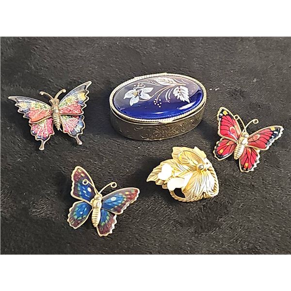 3 Butterfly Brooches and Enamel Trinket Box and Gold Tone Scarf Tie