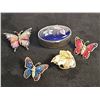Image 1 : 3 Butterfly Brooches and Enamel Trinket Box and Gold Tone Scarf Tie