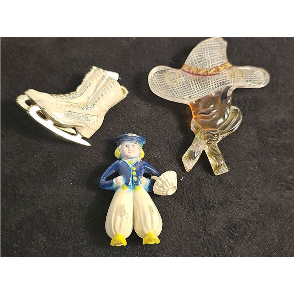 3 Vintage Brooches: Ice Skate, Cowboy Hat, Lady Figure Plastic Resin and Celluloid 1930s to 70s