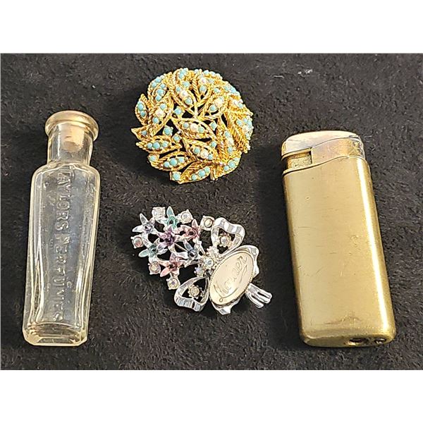 Lot: Taylor's Perfume Bottle, Brass Lighter, Two Vintage Brooches.