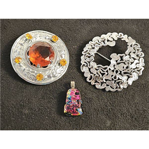 Vintage Scottish Thistle Brooch and Silverstone Filligre Broooch with 1 Dichroic Glass Pendant