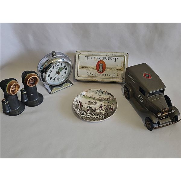 MANTIQUE Lot: Model Car, Clock, Cigarette Tin, Salt & Pepper, Plate