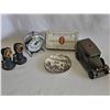 Image 1 : MANTIQUE Lot: Model Car, Clock, Cigarette Tin, Salt & Pepper, Plate