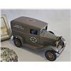 Image 2 : MANTIQUE Lot: Model Car, Clock, Cigarette Tin, Salt & Pepper, Plate