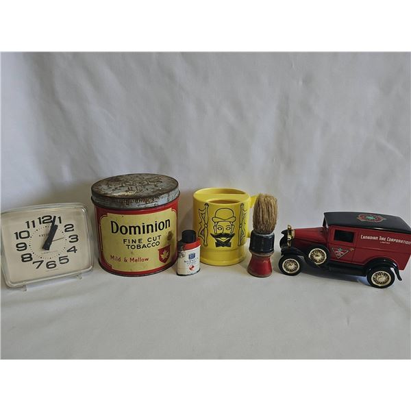 MAN CAVE Vintage Collectibles: Clock, Tobacco Tin, Shaving Items, Replica Car Bank
