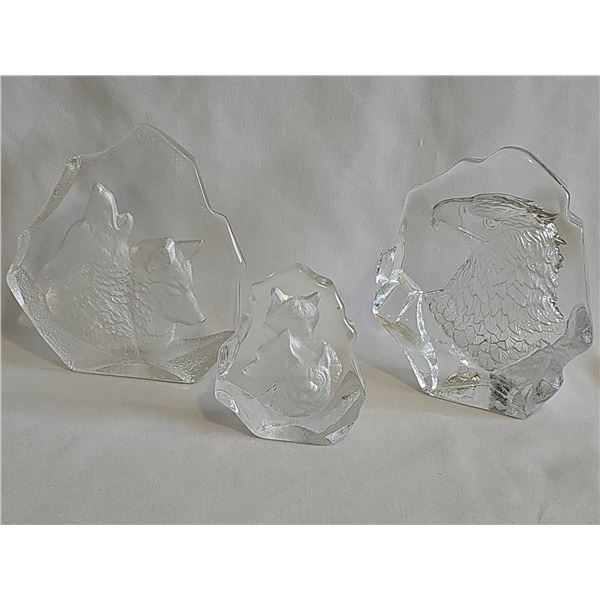 3 Frosted Glass Wildlife Sculptures – Wolf and Eagle Motifs
