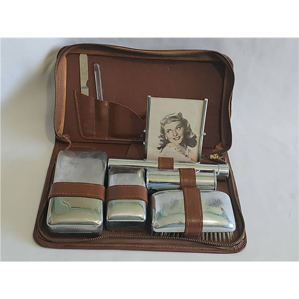 Antique Grooming Kit with Leather Case and Metal Chromed Accessories