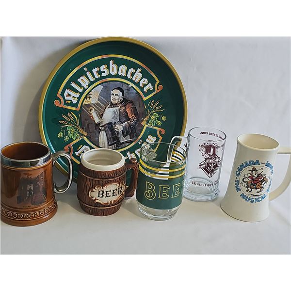 Beer Steins, Glasses, and Alpirsbacher Klosterbräu Tray
