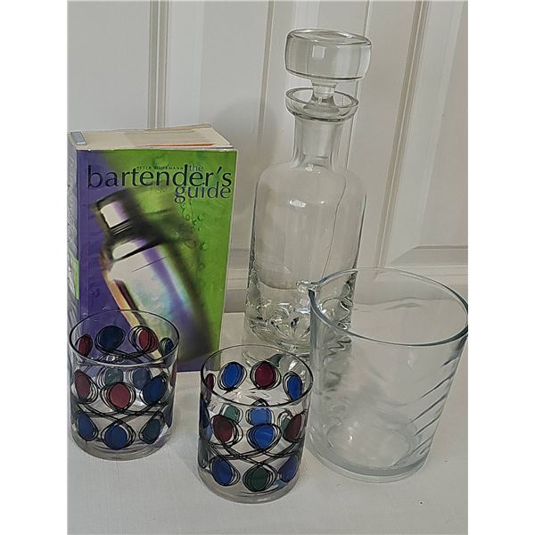 Bar Set with Glass Decanter, 1960s Glasses, Ice Bucket, and Bartender's Guide 1400 Recipes