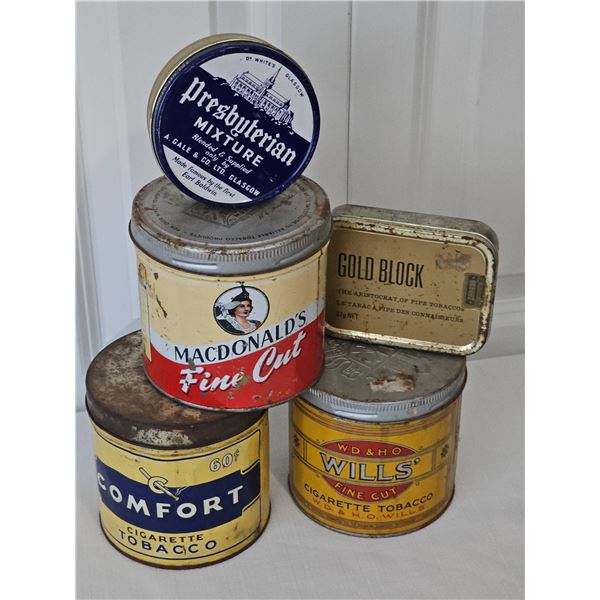 5 Vintage Tobacco Tins – Wills, Comfort, Gold Block, MacDonald's, Presbyterian