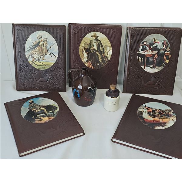 5 Western-Themed Leather Embossed Hardcover Books with 2 Ceramic Jugs