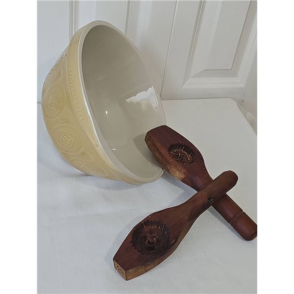 T.G. Green Mixing Bowl with Pair of Hand carved Wood Butter Moulds